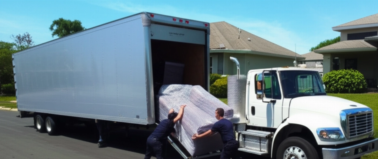 Vista aerea di un camion per traslochi parcheggiato davanti a una casa, con due traslocatori caucasici che caricano un divano imballato.