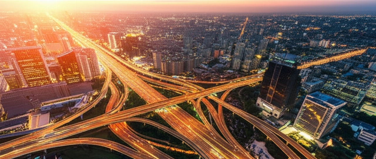 Vista aerea iperrealistica di una moderna città all'alba, con le strade illuminate e un flusso costante di veicoli che simboleggiano le consegne urgenti attraverso la rete urbana.