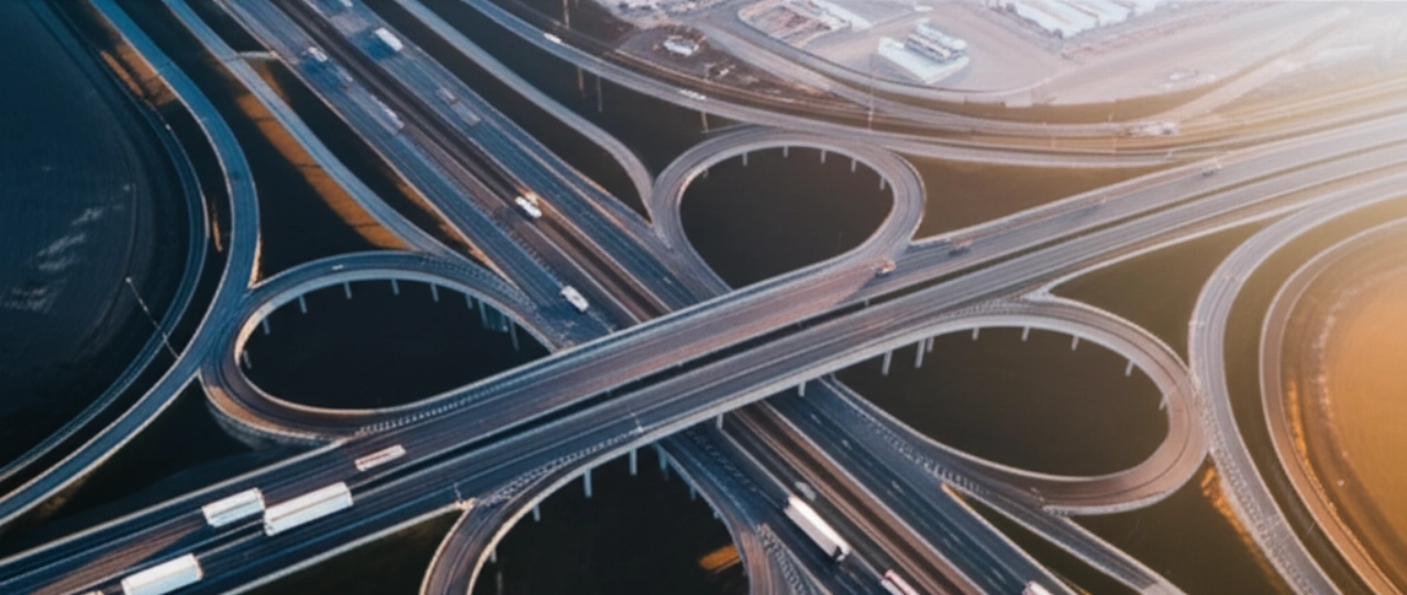 Vista aerea iperrealistica di un nodo logistico o di un'autostrada all'alba, con furgoni e camion merci in movimento, simboleggiando la vasta rete di trasporto.