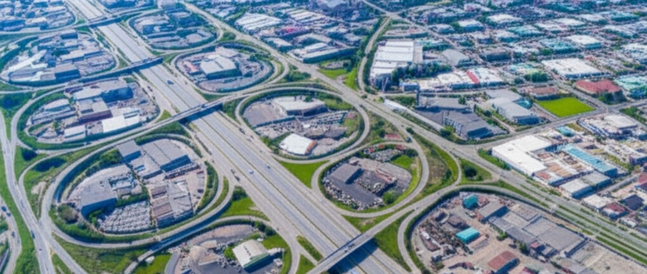 Vista aerea iperrealistica di una città con strade e veicoli, che simboleggia la complessità della logistica di trasporto.