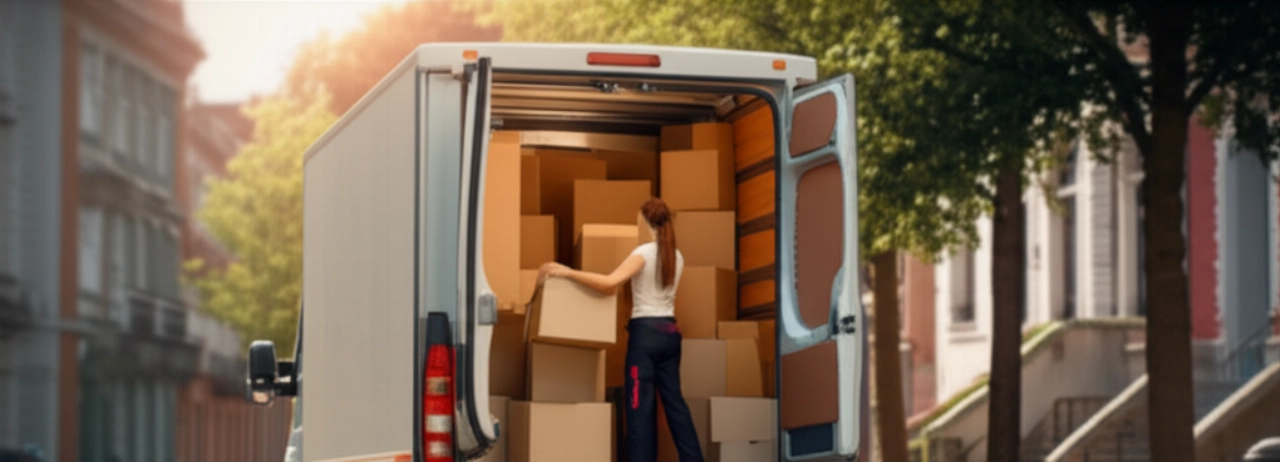 Furgone bianco compatto e senza logo parcheggiato in una strada cittadina, con una donna caucasica che organizza scatole, rappresentando un trasloco efficiente ed economico.