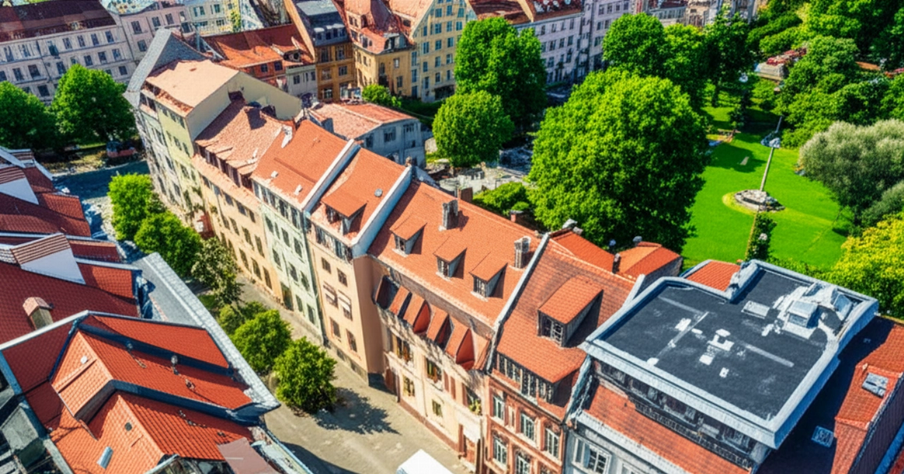 Vista aerea iperrealistica di un quartiere residenziale europeo con un piccolo furgone per traslochi visibile su una strada, simboleggiando la facilità dei piccoli traslochi in città.