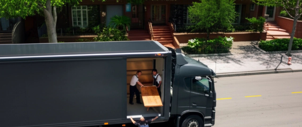 Vista aerea iperrealistica di un camion da trasloco moderno senza logo, mentre traslocatori caucasici caricano mobili con cura in una strada alberata.
