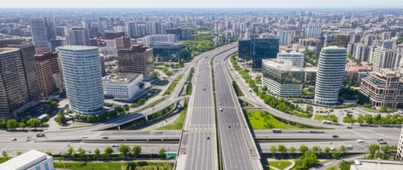 Vista aerea iperrealistica di una città moderna con un furgone per le consegne che si muove lungo le strade.