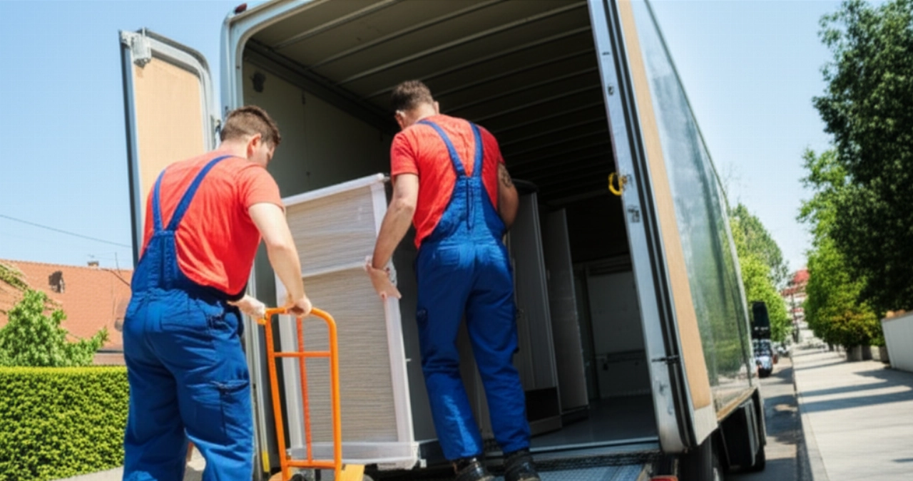 Due traslocatori caucasici caricano con attenzione una sezione di armadio imballata su un carrello, pronta per essere caricata su un furgone per traslochi.