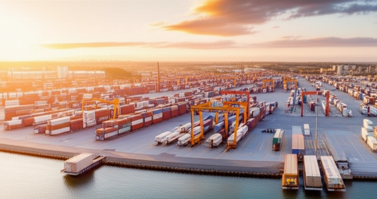 Vista aerea iperrealistica di un grande hub logistico all'alba, con camion e container, simboleggiando la spedizione di un armadio su vasta scala.