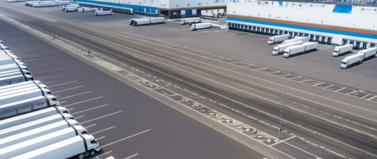 Vista aerea iperrealistica di un grande centro logistico, con camion e un pacco di grandi dimensioni che viene movimentato.