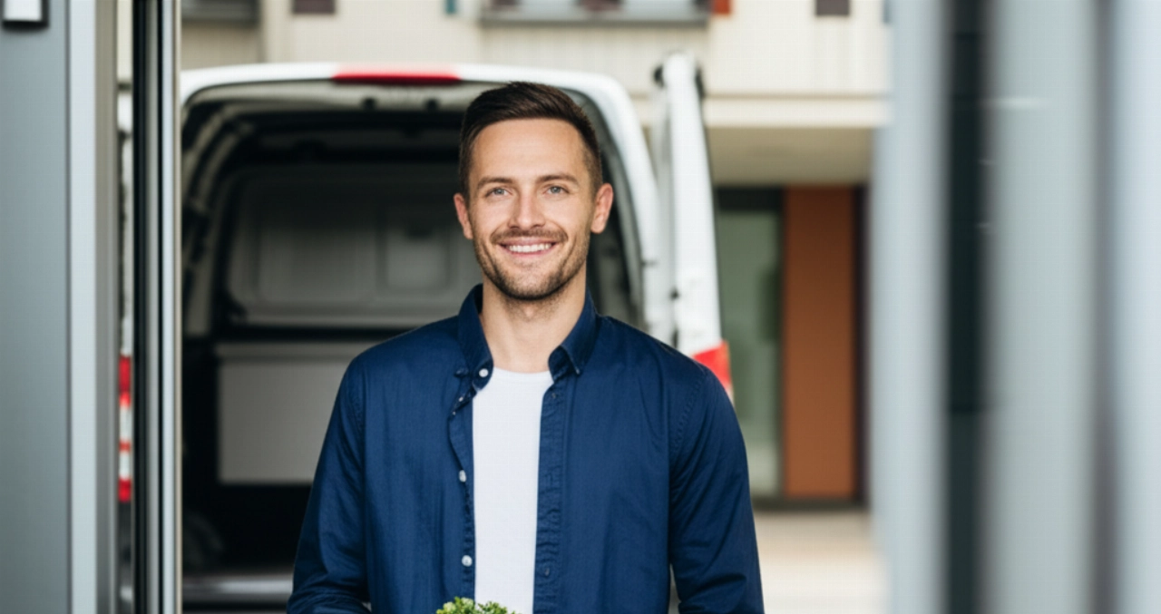 Un uomo caucasico sorridente e soddisfatto in piedi davanti alla sua porta di casa, con un veicolo di taxi merci leggermente sfocato sullo sfondo, dopo un trasloco riuscito.