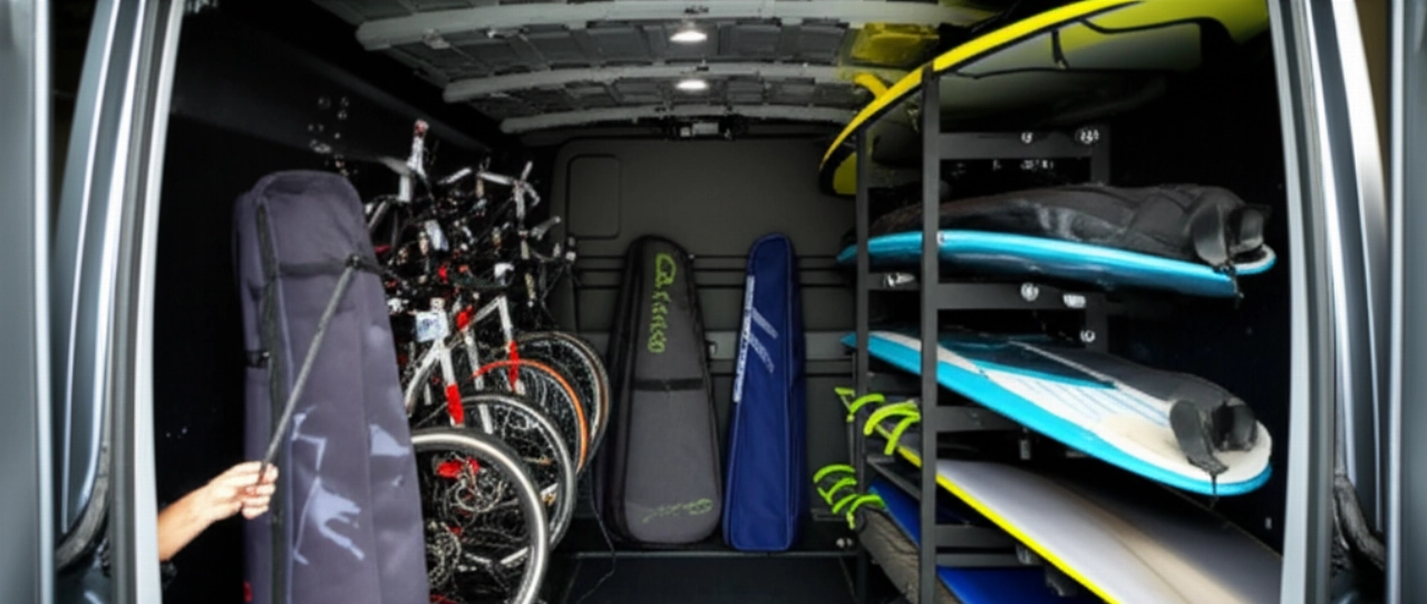 Interno iperrealistico di un furgone professionale per il trasporto sportivo, con biciclette, sci e tavole da snowboard ordinatamente sistemati e fissati.