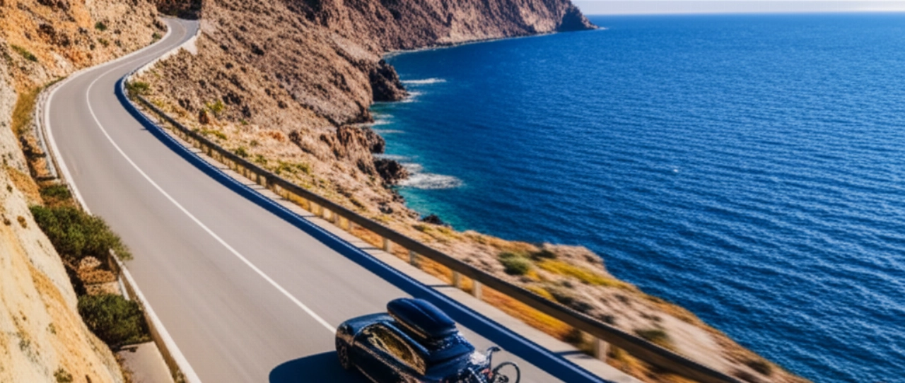 Veduta aerea iperrealistica di un SUV con portapacchi e biciclette, che percorre una strada costiera tortuosa con scogliere e oceano blu.