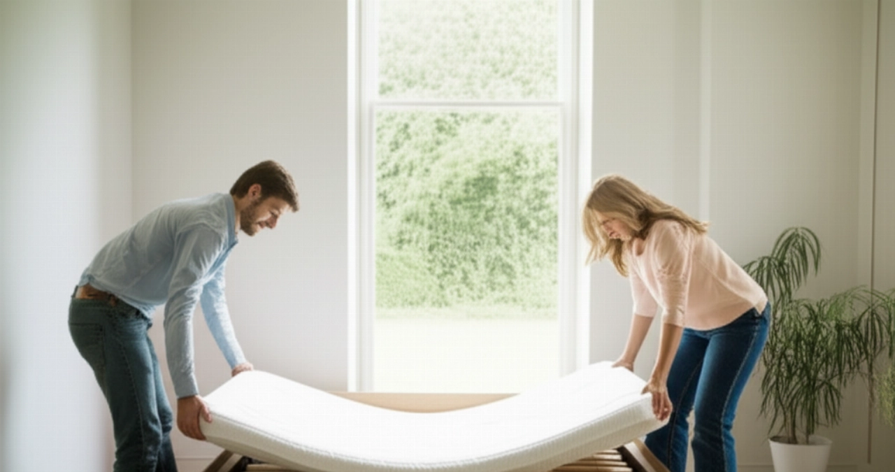 Un uomo e una donna caucasici posizionano con delicatezza un nuovo materasso bianco su una struttura letto in una camera da letto luminosa e minimalista.